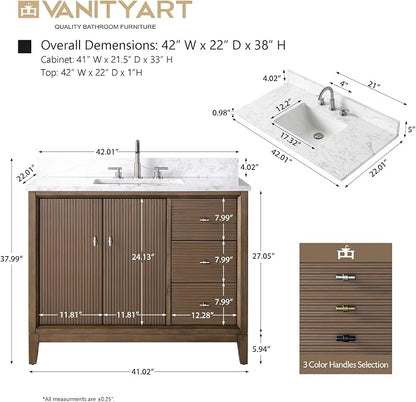Vanity Art 42" Bathroom Vanity with Single Sink & Arabescato White Engineered Stone Top, Vanity Cabinet with Soft Closing Door, Solid Wood Frame, Golden Brushed Handles, Walnut VA8142-Walnut-GB