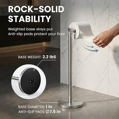 Cesun Weighted Base Free Standing Toilet Paper Holder Stand, Brushed Nickel | SUS304 Rustproof Steel | Thick Non-Slip Base | Swivel Pivot Design | Slim Footprint | Holds 5 Rolls