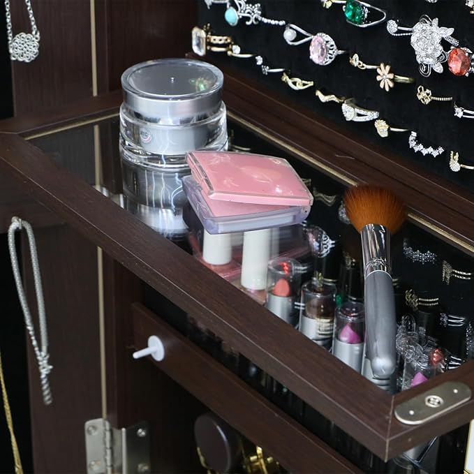 Standing Jewelry Cabinet with Lockable,Full Length Mirror with Storage | Large Capacity Jewelry Organizer Armoire Floor Mirror with Back Storage Shelves for Bedroom Brown