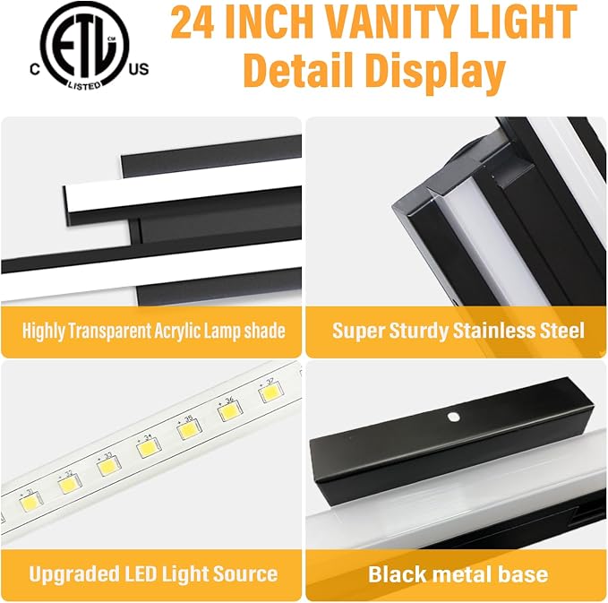 Bathroom Light Fixtures Over Mirror: 24 Inch Modern Black LED Vanity Light Bar ETL Certified | Retractable Dimmable Bathroom Lamp IP44 - Wall Light Fixture, 5700K Cool White(1 Pack)