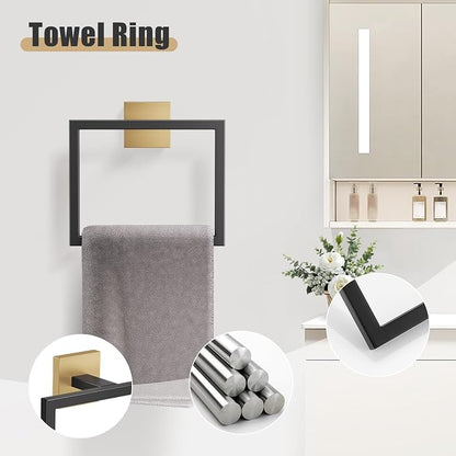 YACVCL 5-Pieces Black and Gold Bathroom Hardware Accessories Set Stainless Steel Bathroom Towel Bar Set Towel Holder Set for Bathroom,Upgraded Toilet Paper Holder with Shelf,Wall Mounted 23.6"
