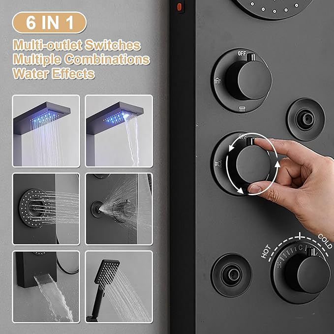6 in 1 Shower Panel Tower System, Rainfall Shower Panels Set w/LED and Digital Display Stainless Steel Shower Tower with Waterfall Tub Spout 2-Type Massage Jets Handheld Head Matte Black