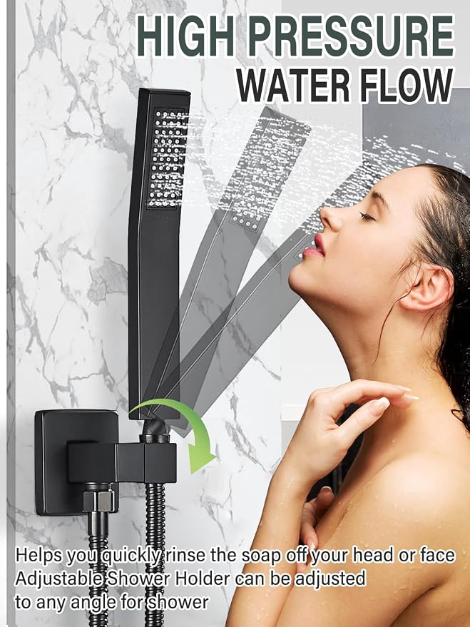 Matte Black Shower Faucets Sets Complete with 16" High Pressure LED Rainfall Shower Head and Handheld Spray Ceiling Mount Shower System Rough-in Valve Body and Trim Included
