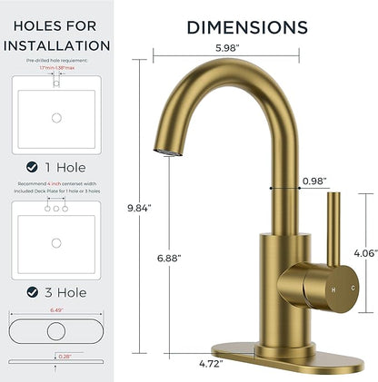 FORIOUS Brushed Gold Bathroom Faucet 1 Hole Single Handle 360° Swivel Gooseneck Spout, with Metal Pop Up Drain and cUPC Supply Line, Suitable for Wet Bar Kitchen RV Vanity Restroom