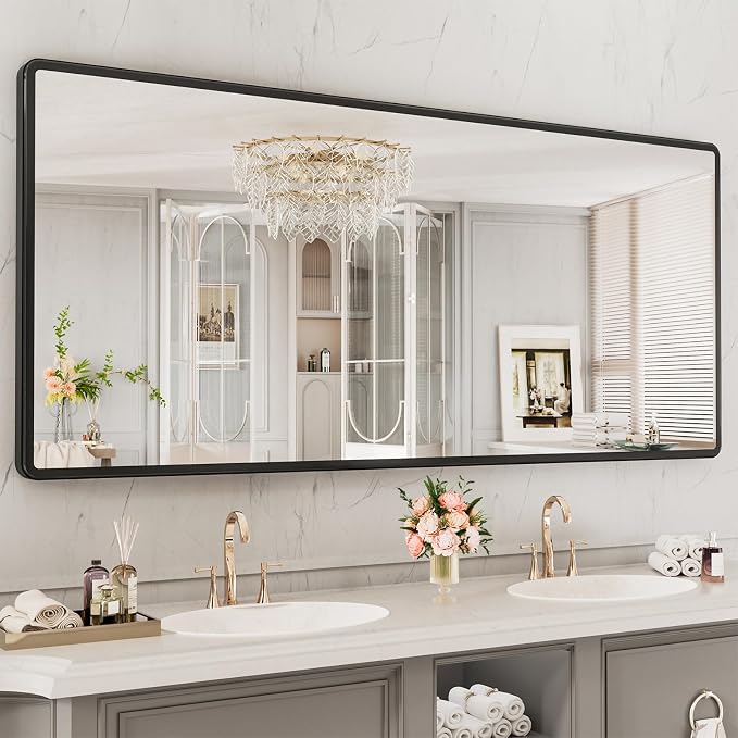 pertetey 72 x 32 in Rounded Rectangle Bathroom Mirror | Black Metal Frame, Tempered Glass, Wall Mounted