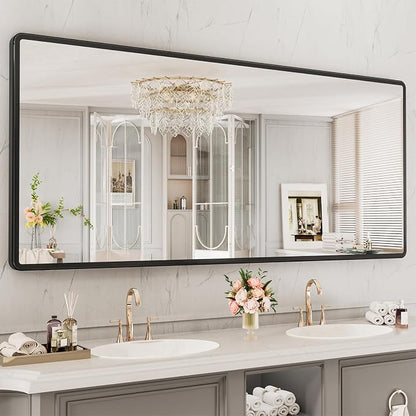 pertetey 72 x 32 in Rounded Rectangle Bathroom Mirror | Black Metal Frame, Tempered Glass, Wall Mounted