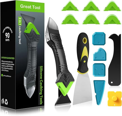 Goopreen Silicone Caulking Tool Kit-3 in 1 Caulk Tool Caulk Remover Tool(Stainless Steel) Silicone Seam Tool and Putty Knife Sealant Finishing Tool for Bathroom Kitchen Floor Window Sink Seal
