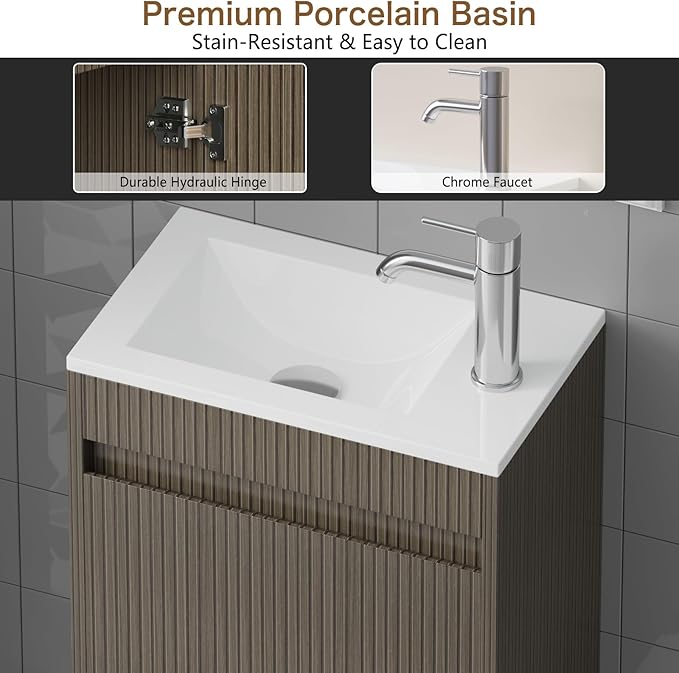 wonline 16" Small Bathroom Vanity Sink Combo Modern Wall Mounted Floating Cabinet W/Resin Basin Sink Top, Chrome Water Save Faucet & Pop Up Drain