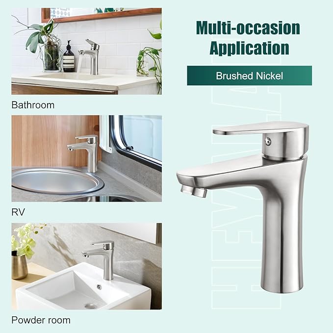 Heyalan Bathroom Faucet Single Handle 1 Hole SUS304 Stainless Steel Deck Mount Lavatory Single Switch Basin Sink Faucet with Pop Up Drain and Hot and Cold Water Mixer Brushed Nickle