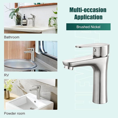 Heyalan Bathroom Faucet Single Handle 1 Hole SUS304 Stainless Steel Deck Mount Lavatory Single Switch Basin Sink Faucet with Pop Up Drain and Hot and Cold Water Mixer Brushed Nickle