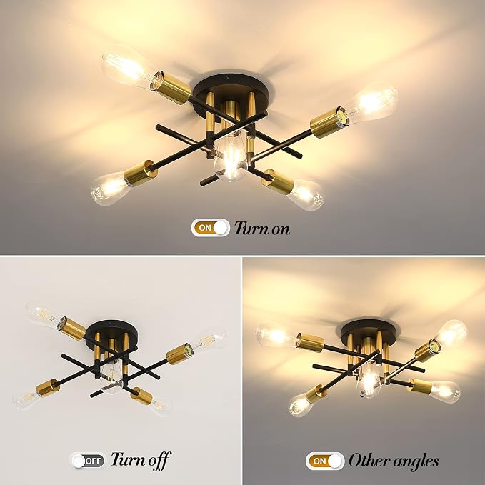 UOFUS Farmhouse 5-Light Semi Flush Mount Ceiling Light Fixture with E26 Modern Matte Black and Gold Chandelier Sputnik Ceiling Lamp for Hallway Kitchen Dining Room Bedroom Study Living Room Bathroom