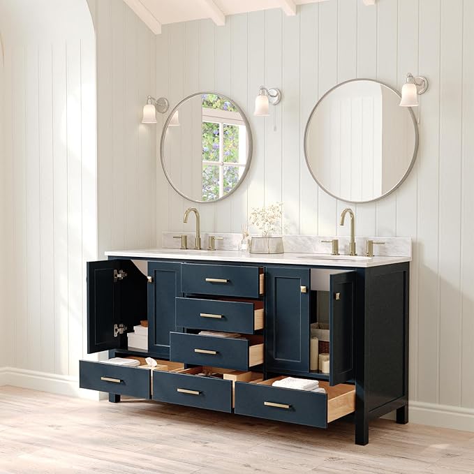 ARIEL Cambridge 66-inch Bathroom Vanity with Sink,Solid Wood, 0.75-inch Italian Carrara Marble Countertop, Double Oval Porcelain Sink, 4 Soft Closing Doors, 6 Dovetail Drawers, Midnight Blue