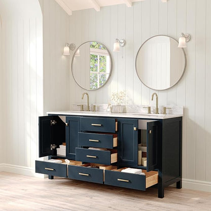 ARIEL Cambridge 66-inch Bathroom Vanity with Sink,Solid Wood, 0.75-inch Italian Carrara Marble Countertop, Double Oval Porcelain Sink, 4 Soft Closing Doors, 6 Dovetail Drawers, Midnight Blue