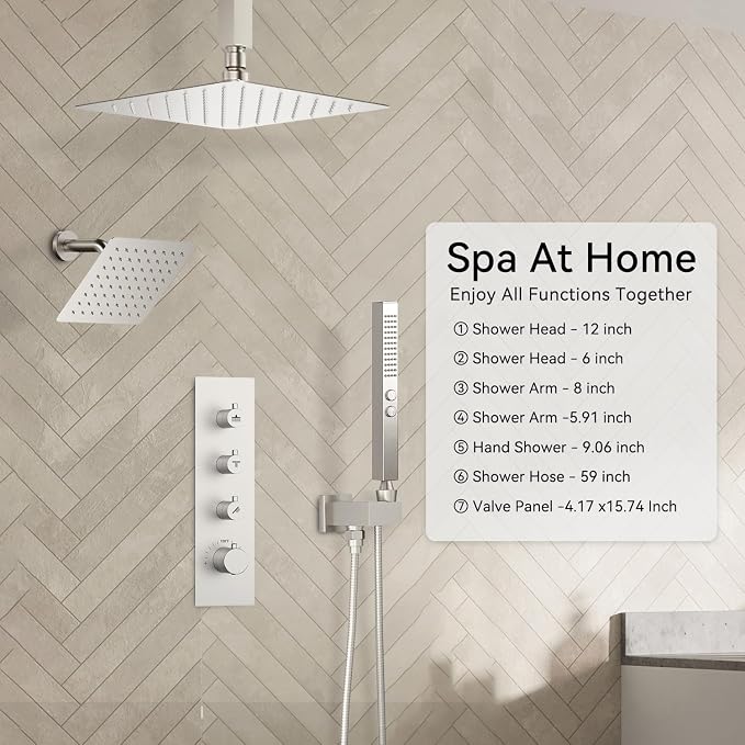 Shower Faucet Set,Thermostatic Shower System,12 Inch Ceiling Mounted and 6 Inch Wall Mount Rain Shower Head with 2 in 1 Handhled,High Pressure Dual Shower Head Combo Set