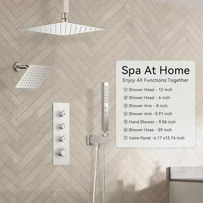 Shower Faucet Set,Thermostatic Shower System,12 Inch Ceiling Mounted and 6 Inch Wall Mount Rain Shower Head with 2 in 1 Handhled,High Pressure Dual Shower Head Combo Set