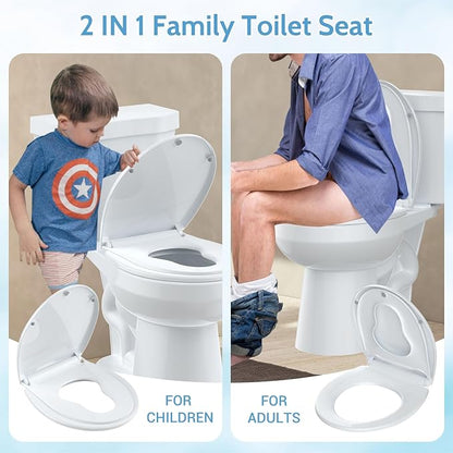 Round Toilet Seat with Built-in Toddler Seat, Potty Training Family Toilet Seat for Adults & Kids, Quick Release Hinges,Soft Slow Close, Non-Slip Design, White, Fits Standard Round Toilets