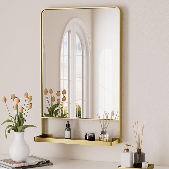 Keonjinn 18" x 28" Gold Bathroom Mirror with Shelf, Rounded Corner | Rust-Resistant, Rectangle Metal Bathroom Vanity Mirror with Storage, French Cleat Mount, Entryway, Bedroom, Hallway, Décor