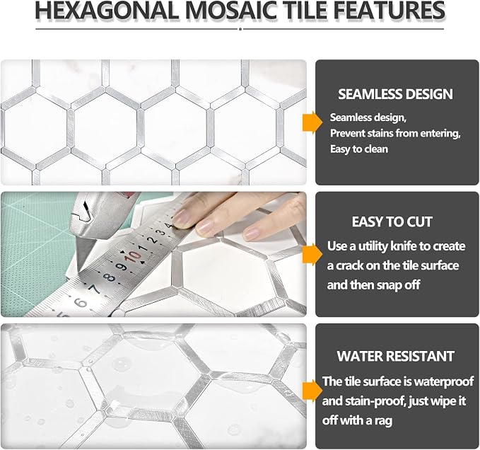 STICKGOO Hexagon Peel and Stick Backsplash Tile, Stick on Backsplash for Kitchen and Bathroom, White Marble Look PVC Mixed Metal Silver Self Adhesive Wall Tiles(10 Sheets, Seamless)
