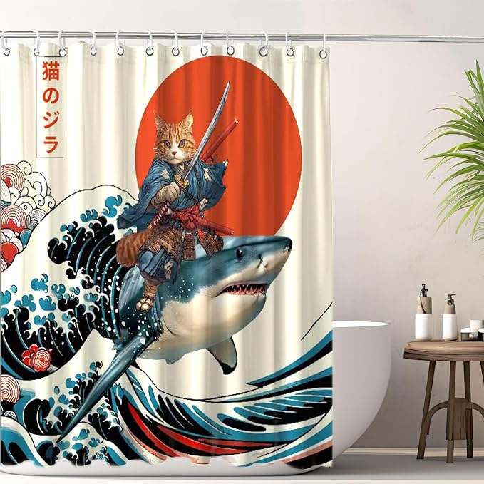 Funny Japanese Cat Shower Curtain, Cat Riding Shark Japan Anime Ocean Wave Waterproof Shower Curtain with Hooks, Funky Animal Sun Fabric Shower Curtains Kids Bathroom Decor 72X72inches