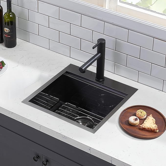 HOTIS 18 x 18 Inch Black Bar Sink Drop in Workstation Sink, Handmade Stainless Steel Wet Bar Sinks,Topmount RV Small Kitchen Sinks, Outdoor Single Bowl with Dish Grid & Drain & Cutting Board