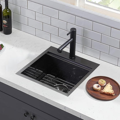 HOTIS 18 x 18 Inch Black Bar Sink Drop in Workstation Sink, Handmade Stainless Steel Wet Bar Sinks,Topmount RV Small Kitchen Sinks, Outdoor Single Bowl with Dish Grid & Drain & Cutting Board