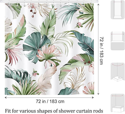 Tropical Leaves Shower Curtain, Pink and Green Palm Leaf Monstera Jungle Plant Shower Curtain for Bathroom Waterproof Polyester Fabric with 12 Hooks, 72 x 72 Inches