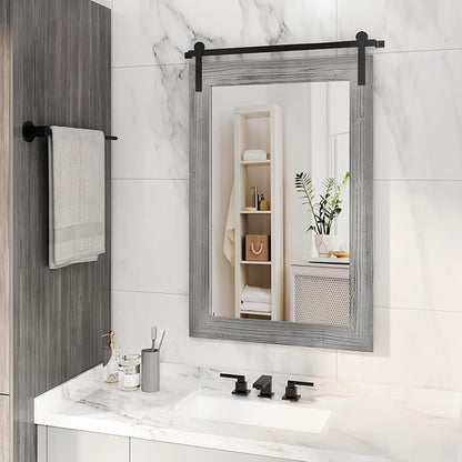 COGOOD Farmhouse Bathroom Mirrors for Over Sink - 38 x 25 Grey | Rustic Barn Door Wood Framed Vanity Mirror for Entryway, Living Room, Bedroom, Dresser Wall Decor