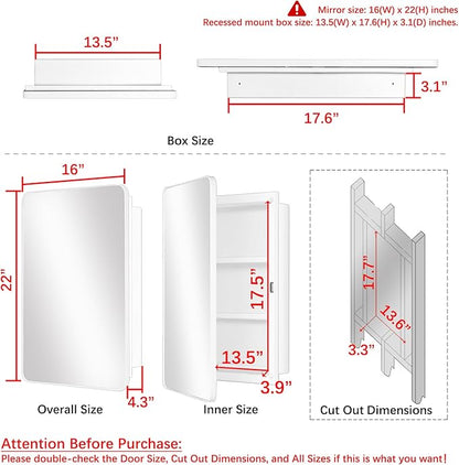Fundin White Plastic Medicine Cabinet, Mirror Door with Round Corner Metal Frame, Recessed and Surface Mount Bathroom Wall Medicine Cabinet, 16 x 22 inch Mirror Size
