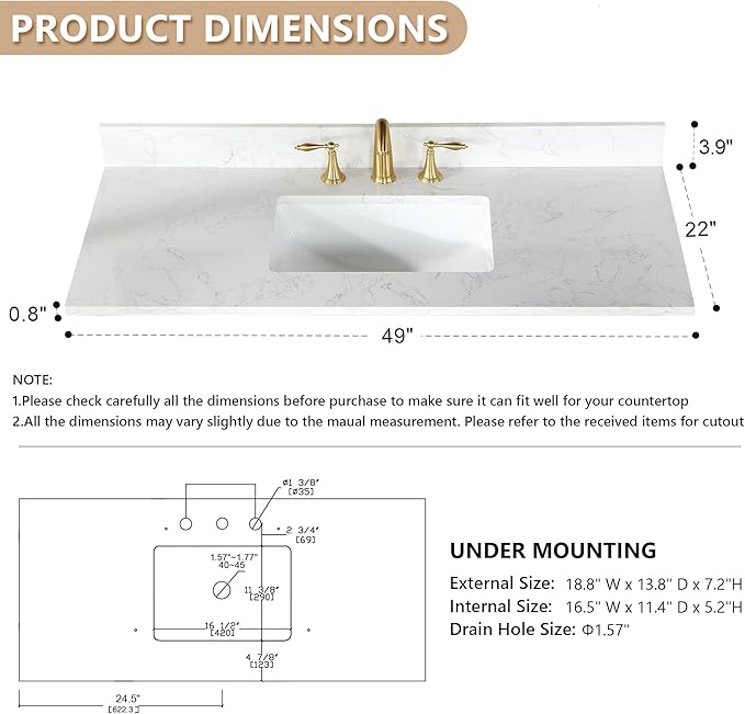 Ceres 49" Engineered Stone Vanity Top in Grain White with Single White Sink