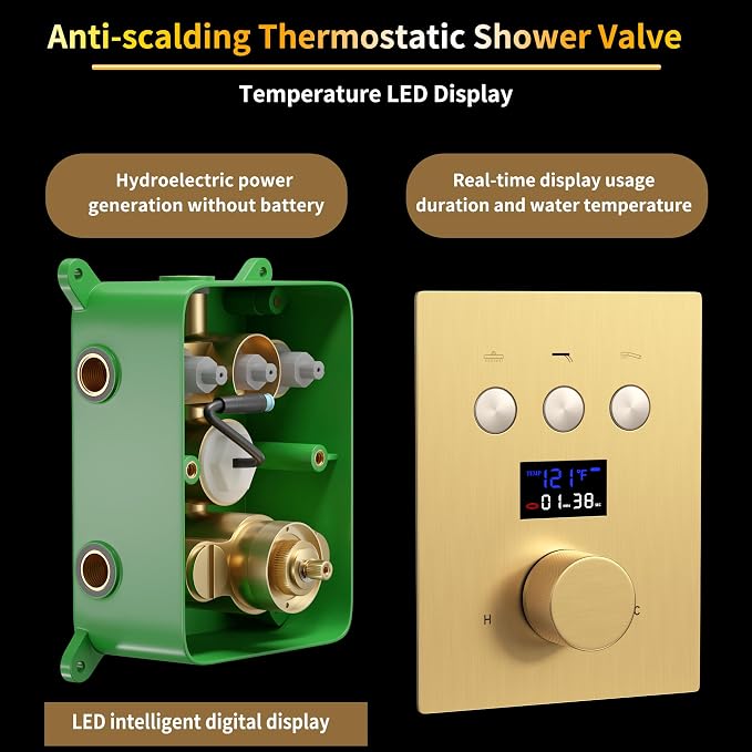Brushed Gold Shower System AYIVG Temperature Display Thermostatic Shower System Ceiling Mount 12 Inch LED Rain Shower Head System with 6 Body Jets and Handheld Bathroom Shower Faucet Set