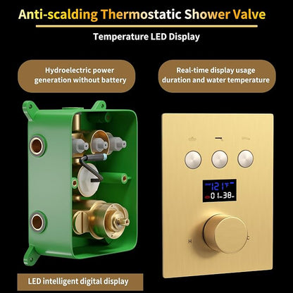 Brushed Gold Shower System AYIVG Temperature Display Thermostatic Shower System Ceiling Mount 12 Inch LED Rain Shower Head System with 6 Body Jets and Handheld Bathroom Shower Faucet Set