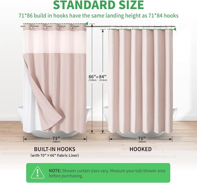 eachope No Hook Linen Texture Shower Curtain with Snap-in Liner,71x86 Blush | Extra Long,230GSM Thick Fabric,Hotel Luxury Decor,Mesh Top Window,Bottom Magnetic,Waterproof & Machine Washable,for Bathroom