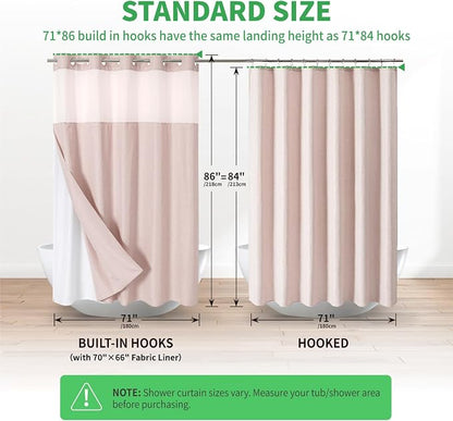 eachope No Hook Linen Texture Shower Curtain with Snap-in Liner,71x86 Blush | Extra Long,230GSM Thick Fabric,Hotel Luxury Decor,Mesh Top Window,Bottom Magnetic,Waterproof & Machine Washable,for Bathroom