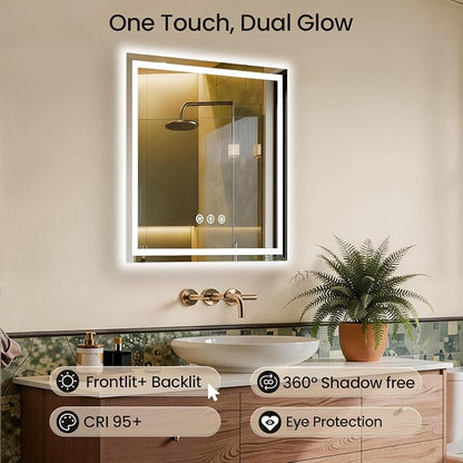 36x36 LED Bathroom Mirror with Anti-Fog, Backlit & Front Lit, Memory | Stepless Dimmable 3 Color CRI 95+ Shatterproof Tempered Glass ETL Listed for Safety Lighted Bathroom Vanity Mirror for Wall