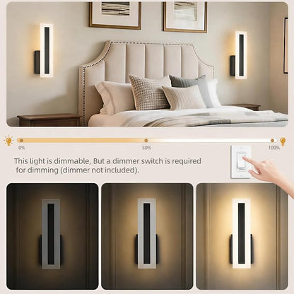 Hardwired Wall Sconces Set of 2 Dimmable Black LED Wall Light | 14Inch Modern Bathroom Vanity Light 3000K 3500K 4000K 5000K 6000K , Indoor Wall Lights for Bedroom, Living Room,Hallway