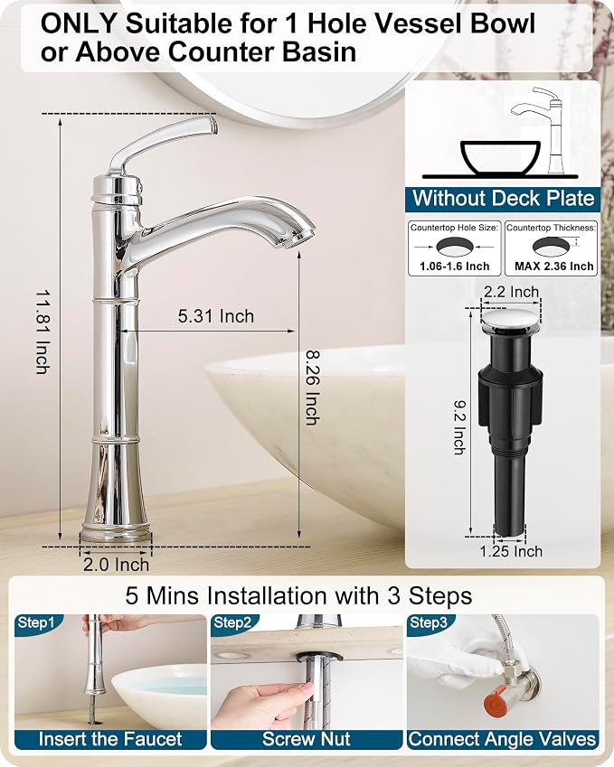 Tall Vessel Sink Faucet, Brass Bathroom Vessel Faucet, One Hole, Single Handle with Pop-Up Drain & Supply Water Hoses, No Leaks, Chrome