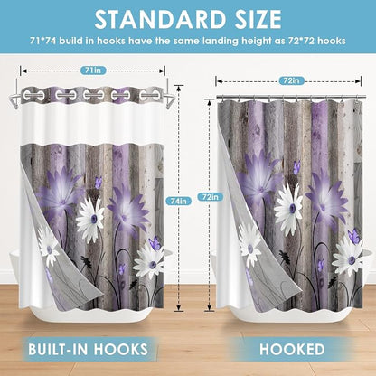 No Hook Shower Curtain with Snap in Liner 71x74 Inch Purple Rustic | Daisy Butterfly Farmhouse Modern Double Layers Waterproof Fabric with See Through Top Window Open Grommet Bath Curtain