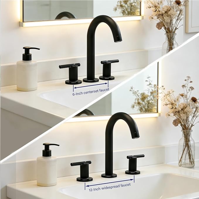 Matte Black Bathroom Faucet 3 Hole, VAPSINT 8 Inch Widespread Black Bathroom Sink Faucet, 2 Handle Modern Bathroom Faucets for Vanity Lavatory RV Restroom with Pop Up Drain & Supply Hoses