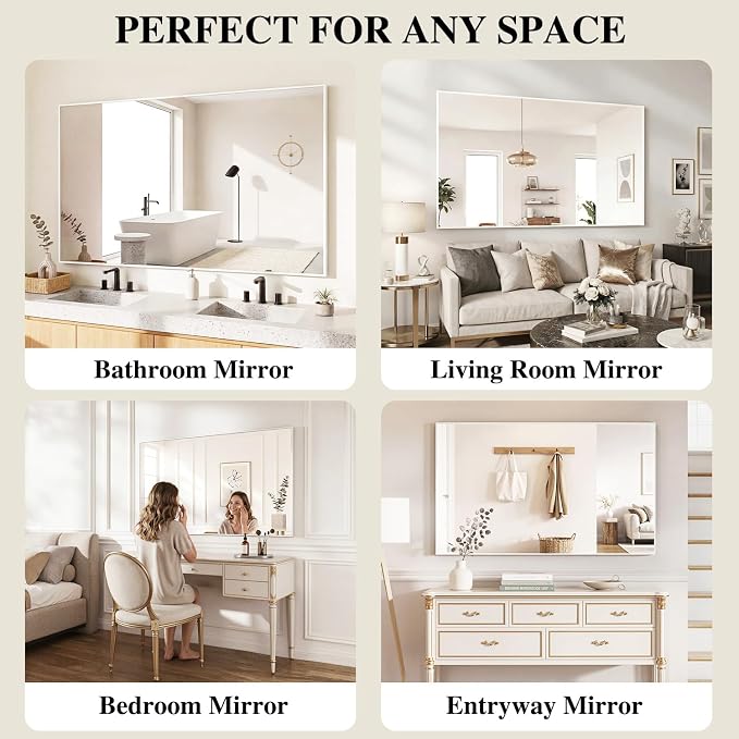 Koonmi White Rectangle Wall Mirror, 30x30 Inch Bathroom Mirror, Aluminum Frame Vanity Mirror for Entryway, Living Room, Bedroom Bathroom, Hangs Horizontally or Vertically