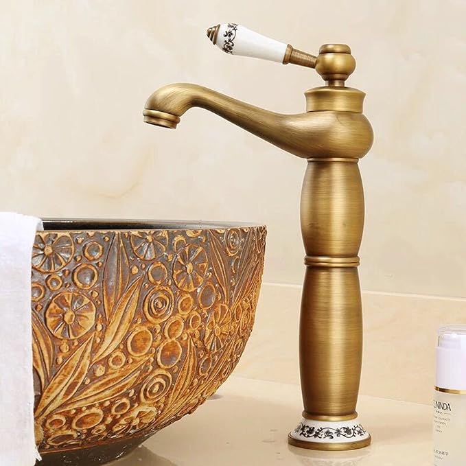 Vintage Bathroom Faucet, Antique Brass Sink, Hot and Cold Mixer Tap, Single Handle, Gold(Antique)