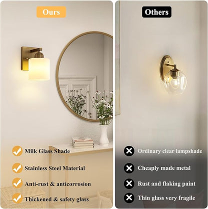 Mecgirn Brass Milk Glass Wall Sconces, 1 Pack Hardwired Indoor Wall Light Fixtures for Living Room, Hallway, Bedroom, Ceramic E26 Sockets (Bulbs Not Included)