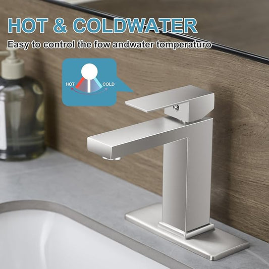 Bathroom Sink Faucet Single Hole Brushed Nickel Single Handle Faucet with Pop-up Drain and Deck for 1 Hole or 3 Hole Bathroom Sink Vanity