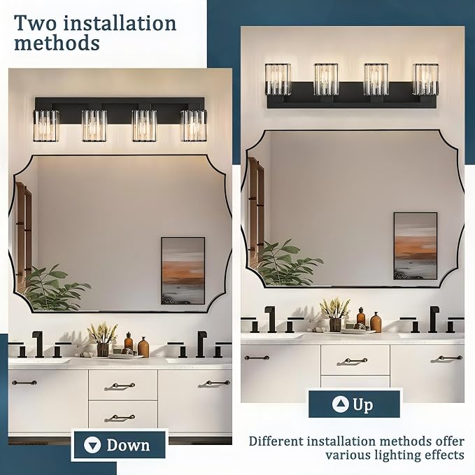 4-Light Black Crystal Vanity Light Bathroom Lighting Fixtures Over Mirror | Wall Sconces with Square Crystal Shades, E26 Socket, Modern Vanity Lights for Bathroom (Bulbs Not Included)