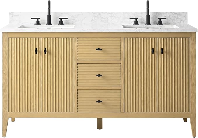 Vanity Art 60 inch Oak Bathroom Vanity with Double Sink & Ceramic Top, Vanity Cabinet with Soft-Closing Door, Solid Wood Frame, Linear Pattern, Natural Oak, VA9160-DNO-MB,Matte Black Handles