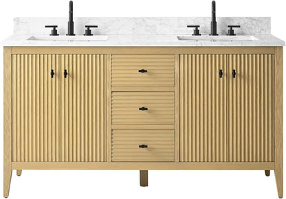 Vanity Art 60 inch Oak Bathroom Vanity with Double Sink & Ceramic Top, Vanity Cabinet with Soft-Closing Door, Solid Wood Frame, Linear Pattern, Natural Oak, VA9160-DNO-MB,Matte Black Handles