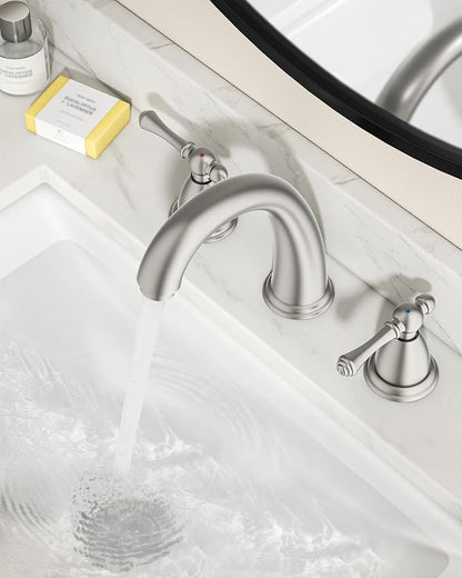 FORIOUS Bathroom Faucet 3 Hole Widespread 8" Sink Faucets Brushed Nickel | 3-hole 6-12 Inch Widespread Sink, 2 Lever Handle, with Drain and Hoses,for Vanity Rv Commercial Lavatory Restroom Farmhouse
