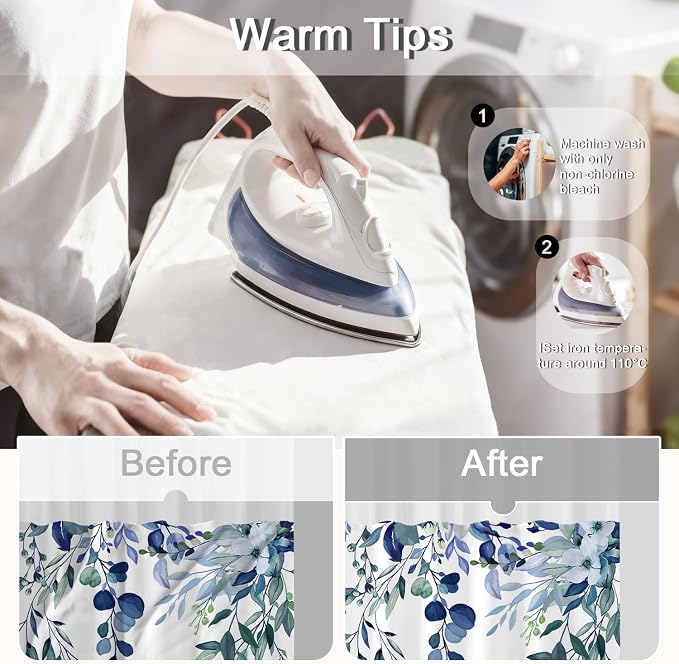 No Hook Shower Curtain and Liner Set, Blue Eucalyptus 71x74 | Floral Design, with Snap in Liner, Waterproof, Machine Washable, Quick-Drying, for Hotel Bathroom