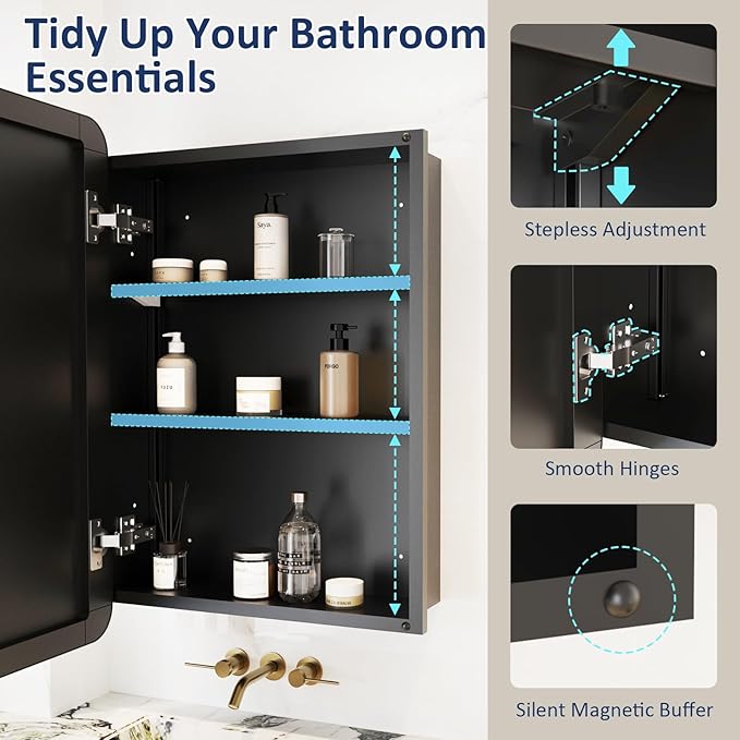 Medicine Cabinet Mirror 24x30 Inch, Black Bathroom Mirror Cabinet with Stepless Adjustable Shelves, Rounded Rectangle Metal Framed, Bathroom Mirror with Storage Recessed or Wall Mount