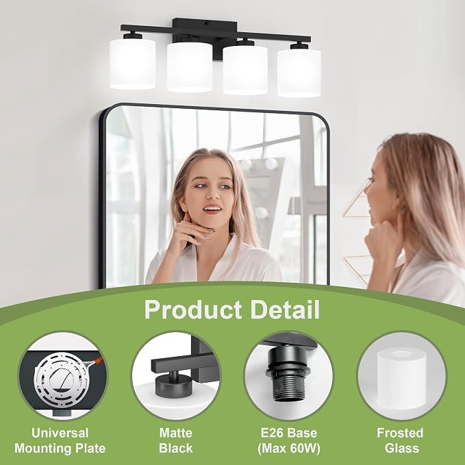 Honesorn 4-Light Vanity Lights, Matte Black Bathroom Light Fixtures | Black Bathroom Vanity Light, Wall Sconces with Milky White Frosted Shades Bedroom,E26 Socket(Bulbs Not Included)