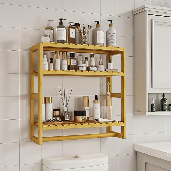 Galood Over The Toilet Storage Bathroom Shelves Wall Mounted 3 Tier Yellow | Space Saver Corner Shelf Organizer Bamboo Towel Rack Toilet Paper Cabinet with Hanging Rod